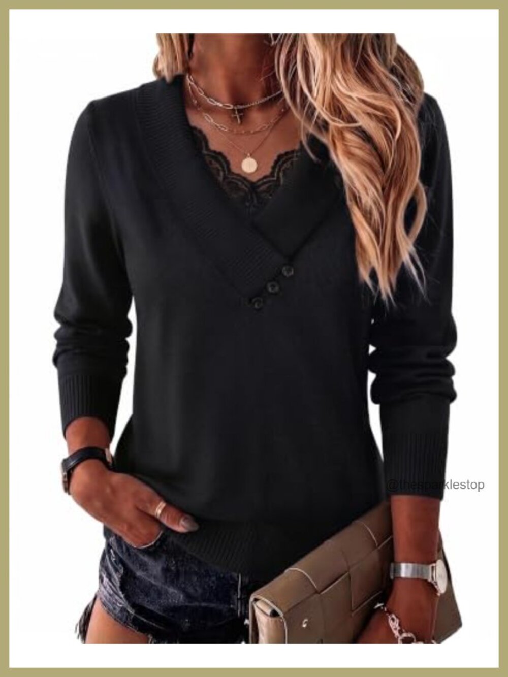 Wool Blend V-Neck Button Lace Pullover Sweater Long Sleeve Business Casual